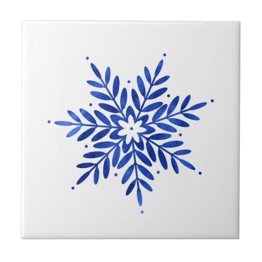 Indigo Blue Watercolor Abstrakt Snowflake Fliese (Vorderseite)