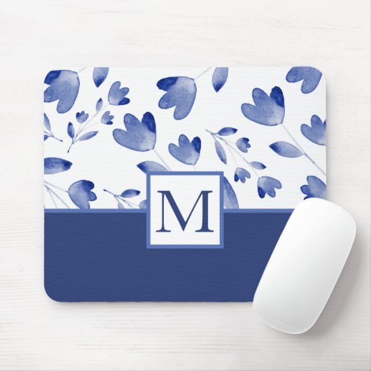 Indigo Blue Watercolor Blume Stems Mousepad (Mit Mouse)