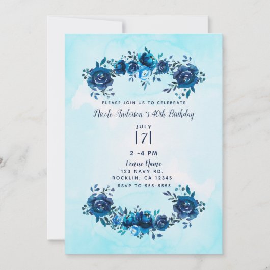 Indigo Blue Watercolor Rustikale Blumengeburt Einladung (Vorderseite)