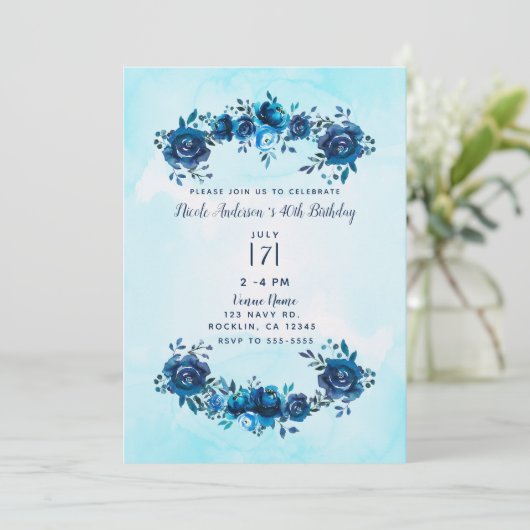 Indigo Blue Watercolor Rustikale Blumengeburt Einladung (Stehend Vorderseite)