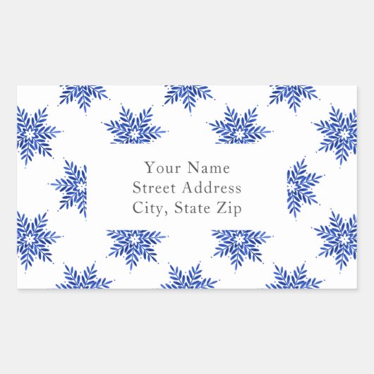 Indigo Blue Watercolor Snowflake Muster Labels Rechteckiger Aufkleber (Vorderseite)