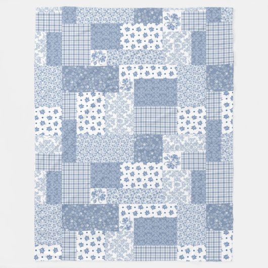 Indigo Blue, White Imitats Patchwork Fleece Blanke (Vorderseite)