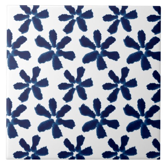 Indigo Blue White Watercolor Tinte Blumenmuster Fliese (Vorderseite)