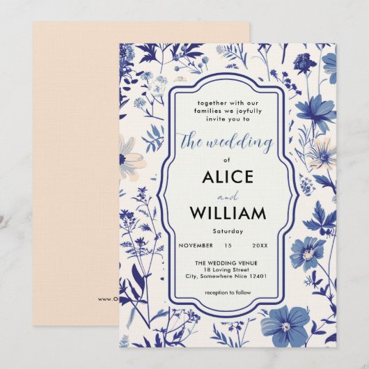 Indigo Blue Wildblume Hochzeit Einladung (Vorne/Hinten)