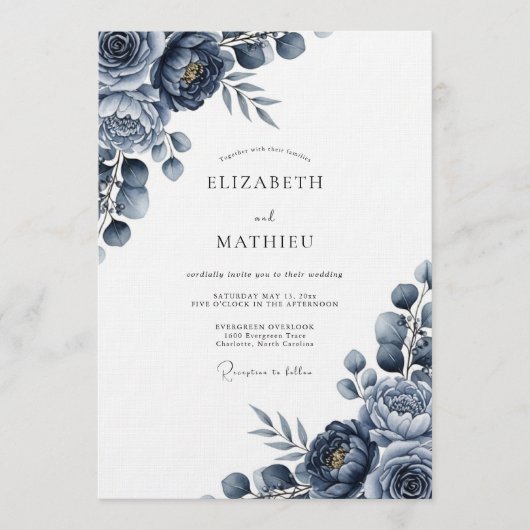 Indigo Blumen Hochzeit Einladung (Vorderseite)