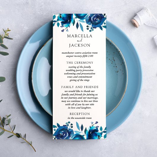 Indigo-Blumen-Hochzeitsprogrammkarte Werbekarte