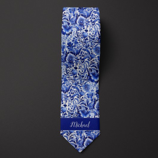 Indigo-Blumen-Monogramm Krawatte