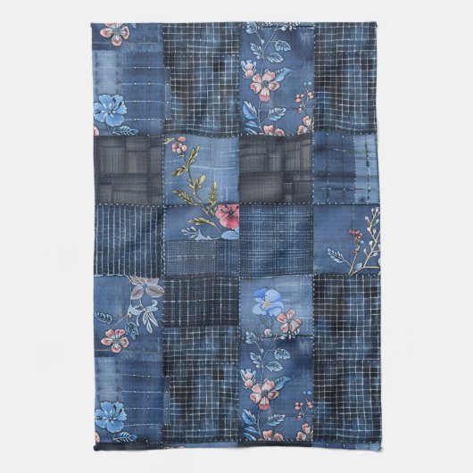 Indigo-Blumen-Patchwork-Muster | Boho-Denim Geschirrtuch (Vertikal)
