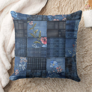 Indigo-Blumen-Patchwork-Muster Boho-Denim Kissen