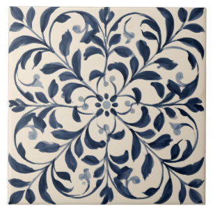 Indigo-Blumen-Rankenornament Fliese