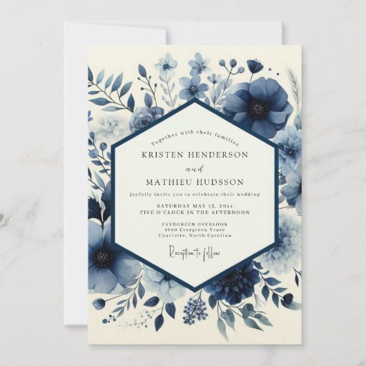 Indigo-Blumen-Whimsy-Hochzeit Einladung (Vorderseite)