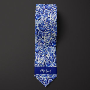 Indigo Blumenmonogramm Krawatte