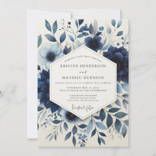 Indigo Blumenzauber Hochzeit Einladung (Vorderseite)