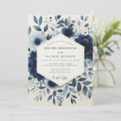 Indigo Blumenzauber Hochzeit Einladung (Stehend Vorderseite)