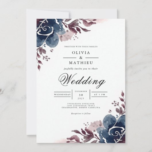 Indigo Blumige Hochzeit Einladung (Vorderseite)