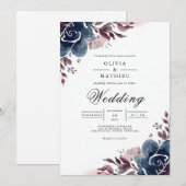 Indigo Blumige Hochzeit Einladung (Vorne/Hinten)