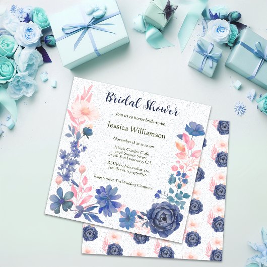 Indigo Blush Florals Brautparty individualisieren Einladung