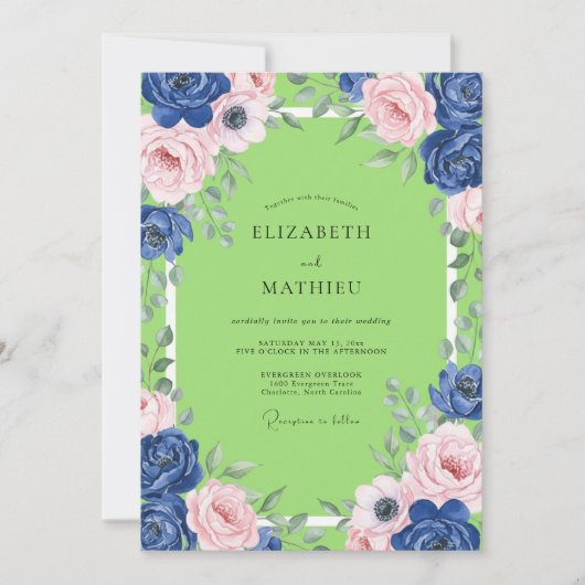 Indigo-Blush-Lime-Ranunculus-Eukalyptus-Hochzeit Einladung (Vorderseite)