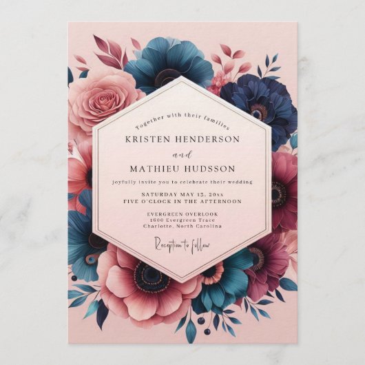 Indigo Blush Painterly Bloom Wedding Einladung (Vorderseite)