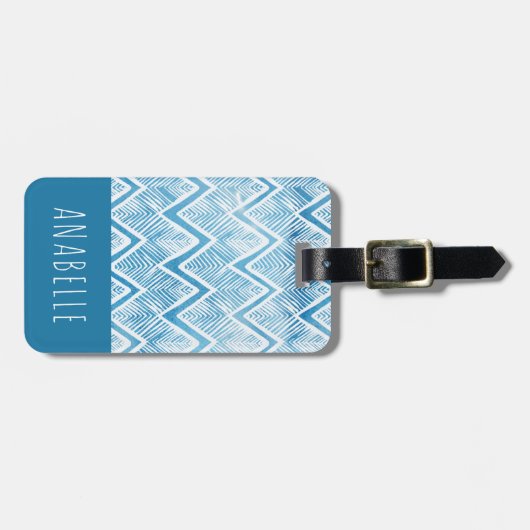 Indigo Boho Zickzack Mit Monogramm Gepäckanhänger (Vorderseite horizontal)
