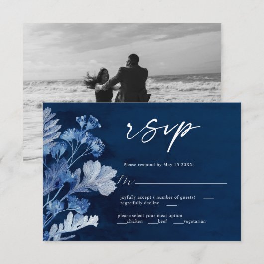 Indigo Botanical Blue Wedding RSVP Card (Vorne/Hinten)