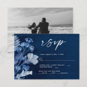 Indigo Botanical Blue Wedding RSVP Card Karte (Vorne/Hinten)