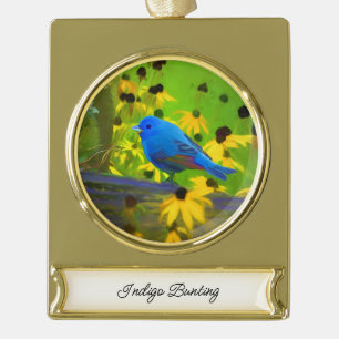 Indigo Bunting Painting - Original Bird Art Banner-Ornament Gold