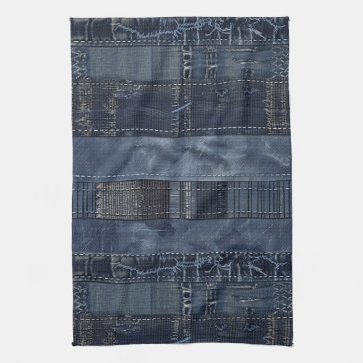 Indigo Denim Patchwork Nahtloses Muster (2) Geschirrtuch (Vertikal)