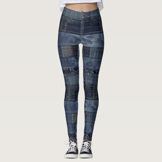 Indigo Denim Patchwork Nahtloses Muster (2) Leggings (Vorderseite)