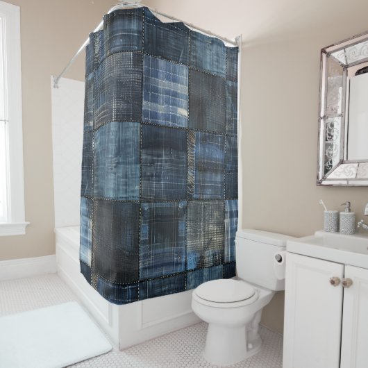 Indigo Denim Patchwork Nahtloses Muster Duschvorhang (Beispiel)