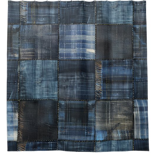 Indigo Denim Patchwork Nahtloses Muster Duschvorhang (Vorderseite)