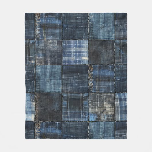 Indigo Denim Patchwork Nahtloses Muster Fleecedecke (Vorderseite)