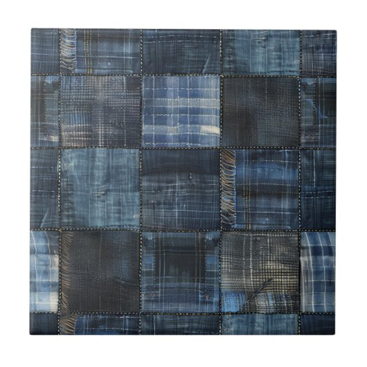 Indigo-Denim-Patchwork-Nahtloses Muster Fliese (Vorderseite)