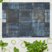 Indigo Denim Patchwork Nahtloses Muster Geschirrtuch (Gefaltet)
