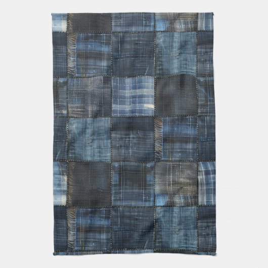 Indigo Denim Patchwork Nahtloses Muster Geschirrtuch (Vertikal)