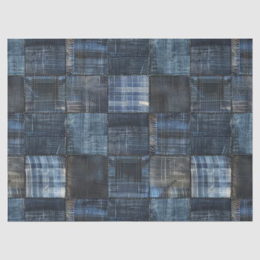 Indigo Denim Patchwork Nahtloses Muster Seidenpapier (Vorderseite)