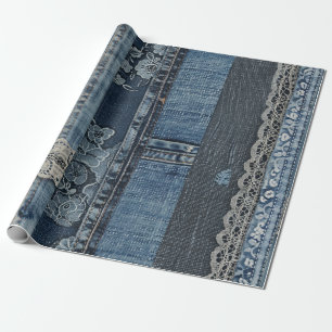 Indigo-Denim-Spitzenstreifenmuster Geschenkpapier