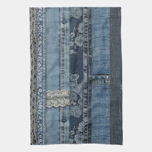 Indigo-Denim-Spitzenstreifenmuster Geschirrtuch