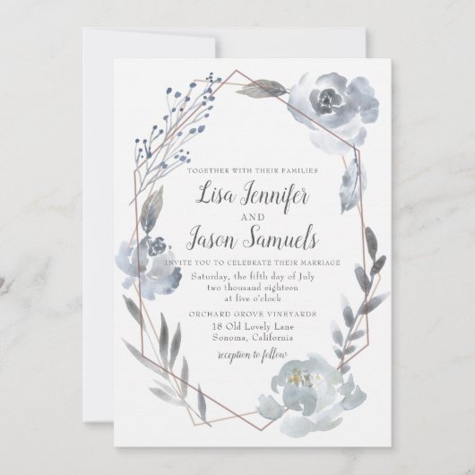 Indigo Dusty Blue Floral Geometric Wedding Einladu Einladung (Vorderseite)