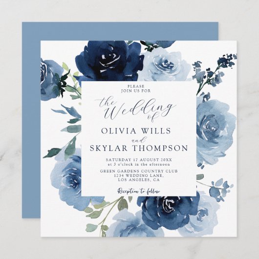 Indigo Dusty Blue Navy Blume Garden Wedding Einladung (Vorne/Hinten)