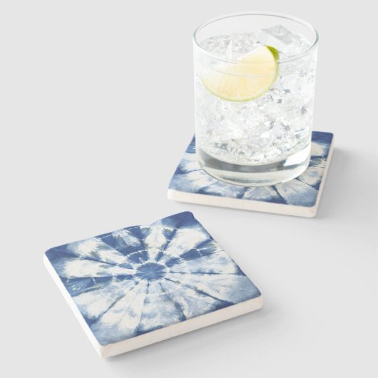 Indigo Dye Blue Circle Shibori Steinuntersetzer (Seitenansicht)