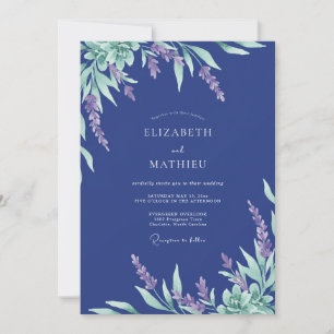 Indigo Flieder Hochzeit mit Blättern Einladung