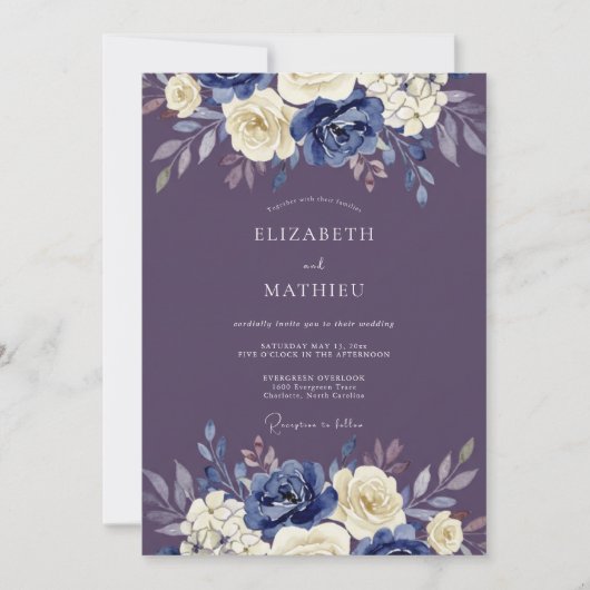 Indigo-Floral Kunst Hochzeit Einladung (Vorderseite)