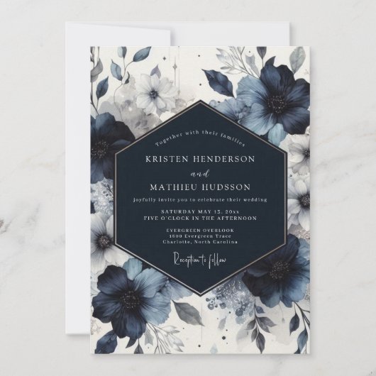Indigo Floral Moody Romance Wedding Einladung (Vorderseite)