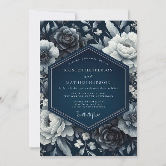 Indigo Floral Romance Wedding Einladung (Vorderseite)