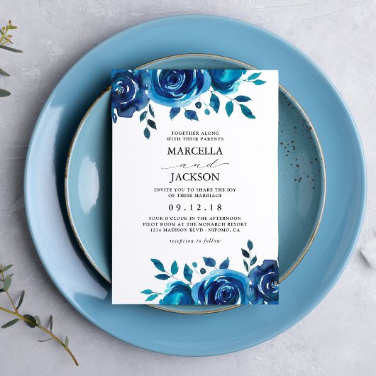 Indigo Floral Wedding Einladung