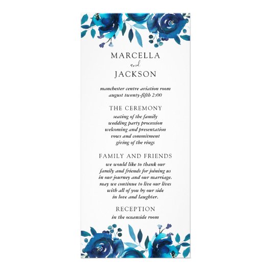 Indigo Floral Wedding Program Card Werbekarte (Vorne)