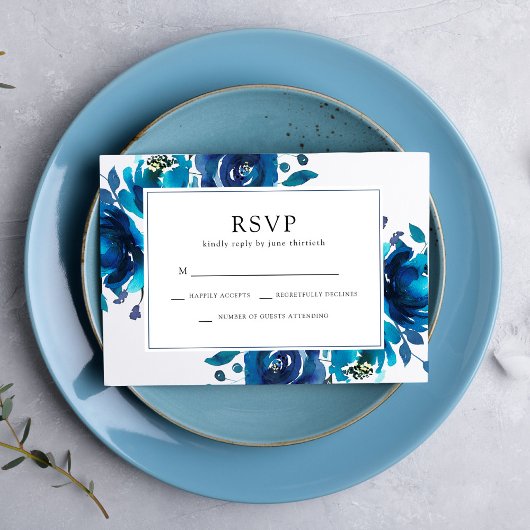 Indigo Floral Wedding RSVP Karte