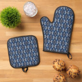 Indigo Garden Tile - Blau und Weiß Ofenhandschuh & Topflappen-Set (Oben Unten)