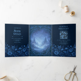 Indigo geschnitzte Wein-Fantasie-Schloss-Hochzeit Dreifach Gefaltete Einladung